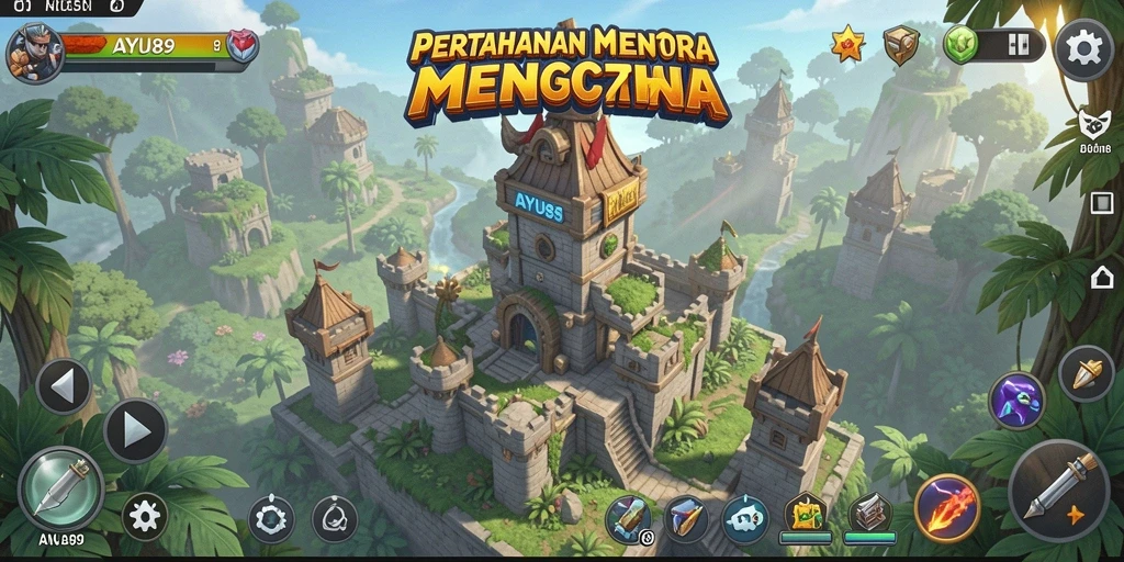 Tampilan menara dan gelombang musuh di AYU89 yang menegangkan.