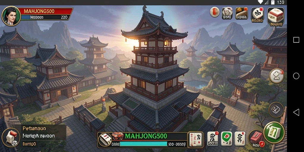 Tampilan gameplay <strong>MAHJONG500</strong> yang menakjubkan di tengah pertempuran Tower Defense.